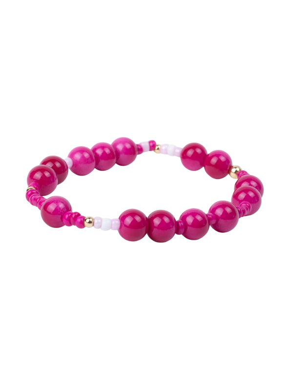 Pulsera Elástica de Cuentas Rosas con Detalles Dorados